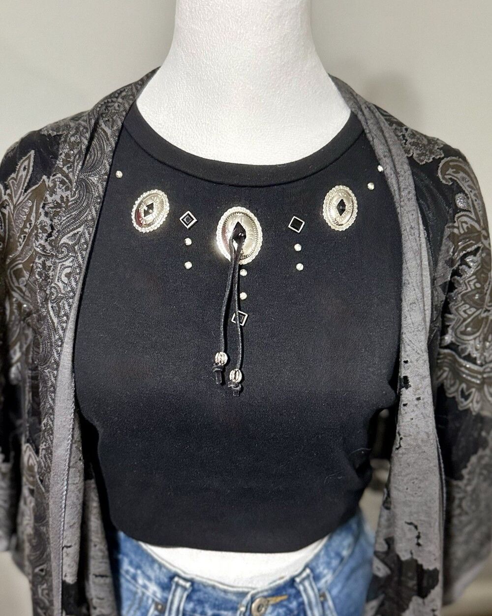 80’s/Vtg  Black Western SS Tee W/Silver/leather Conchos By City Girl Sz Med
